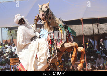 (191110) -- Nikki (Bénin), le 10 novembre 2019 (Xinhua) -- un homme exécute l'événement pendant l'Gaani Festival à Nikki, Bénin, 9 novembre 2019. Les deux jours de festival, des danses tribales traditionnelles et spectacles équestres. C'est le festival le plus important de la population Bariba du Bénin et est conçu pour célébrer la victoire et la joie. (Photo par Zounyekpe Seraphin/Xinhua) Banque D'Images