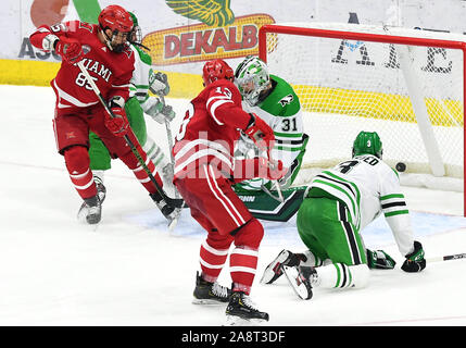 9 novembre 2019 Miami RedHawks défenseur Derek Daschke (13) marque un but en troisième période d'un NCAA men's match de hockey entre l'Université de Miami RedHawks et l'Université du Dakota du Nord, la lutte contre les Éperviers de Ralph Engelstad Arena à Grand Forks, ND. Dakota du Nord a gagné 5-4. Photo par Russell Hons/CSM Banque D'Images