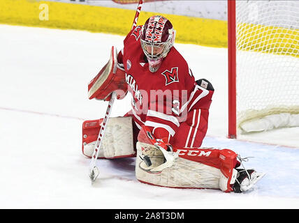 9 novembre 2019 Miami RedHawks Ryan Larkin gardien (31) fait un gant enregistrer NCAA lors d'un match de hockey entre l'Université de Miami RedHawks et l'Université du Dakota du Nord, la lutte contre les Éperviers de Ralph Engelstad Arena à Grand Forks, ND. Dakota du Nord a gagné 5-4. Photo par Russell Hons/CSM Banque D'Images