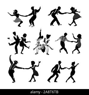 Rock n Roll danse jazz et des couples ensemble. Swing dancing silhouettes. personnes en 1940 et 1950, style. Retro noir et blanc illustration vectorielle. Illustration de Vecteur