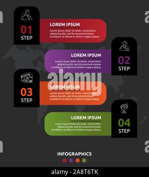 Infographie vecteur modèle sur fond noir. Des étiquettes avec le texte et les icônes pour les deux schémas, graphique, organigramme, timeline, marketing, présentation. Illustration de Vecteur