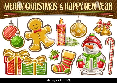 Vector set pour Noël et Nouvel An, décoratifs découper des illustrations de pendaison baubles, cartoon Gingerbread Man, clochettes d'or de l'arc, les coffrets cadeaux Illustration de Vecteur