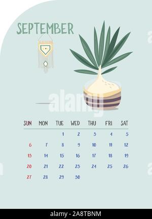 Calendrier mensuel 2020. Cute version creative template avec beauté et d'éléments floraux. Plantes et jardin potager. Tren Vector illustration moderne. Prox Illustration de Vecteur