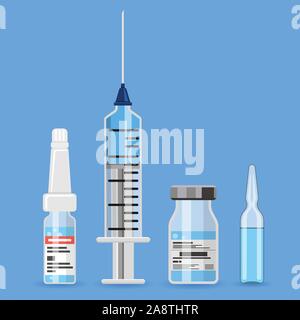 Seringue en plastique et flacon de vaccin médical icône Illustration de Vecteur