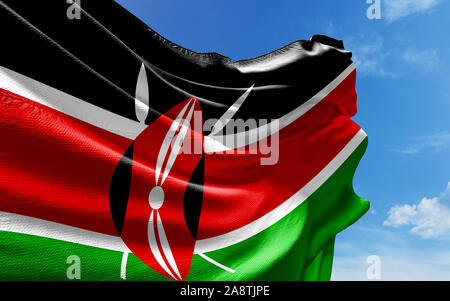 Drapeau du Kenya est forme contre le ciel bleu avec des nuages. Des reflets réalistes et des textures à haute résolution. Le rendu 3D. Banque D'Images