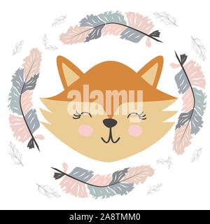 Cute little fox visage souriant avec plume gracieuse dans le style scandinave. Devis Inscription être libre. La conception graphique. Illustration de Vecteur