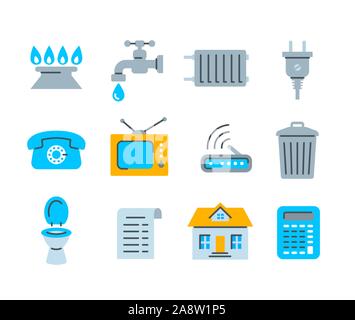 Services à la personne d'une facture d'icônes. Télévision vecteur symboles de paiements réguliers tels que gaz, eau, énergie électrique, chauffage, téléphone, télévision par câble, d'Inte Illustration de Vecteur