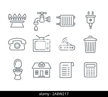 Services à la personne d'une facture d'icônes. Télévision vecteur ligne mince de paiements réguliers des symboles tels que gaz, eau, énergie électrique, chauffage, téléphone, câble T Illustration de Vecteur