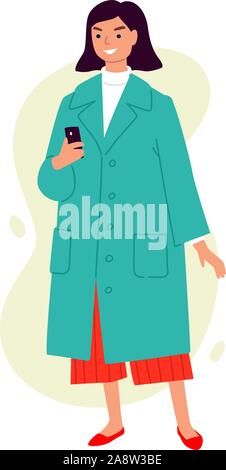 Illustration d'une jolie fille dans une robe turquoise. Vecteur. Femme avec un téléphone. Robe de style décontracté. Style plat. L'image est isolated on a white backg Illustration de Vecteur