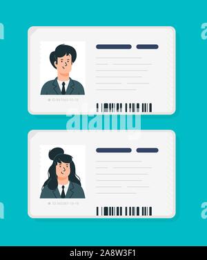 Les cartes d'identification en plastique d'une femme et un homme. Vecteur. Permis de conduire voiture isolé sur un fond bleu. Télévision cartoon style. Étudiant, les pa Illustration de Vecteur