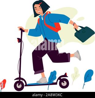 Illustration d'une fille sur un scooter électrique. Vecteur. Une femme dans une hâte d'étudier ou de travailler. Les jeunes femmes d'affaires libre de droit. Regard d'Asie. Style plat. Masco Illustration de Vecteur