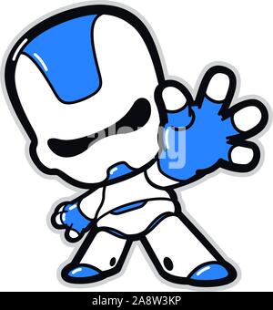 Illustration d'un robot avec sa main levée. Vecteur. Mignon Android plastique. Kawaii style ironique. Mascotte pour l'identité d'entreprise. Illustration de Vecteur