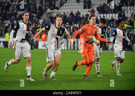 Turin, Italie. 10 Nov, 2019. Adrien rabiot de Juventus FC, Matthijs De Ligt de Juventus FC, Wojciech Szczesny de Juventus FC au cours de la Serie A match entre la Juventus et l'AC Milan à la Juventus Stadium, Turin, Italie le 10 novembre 2019. Photo par Mattia Ozbot. Credit : UK Sports Photos Ltd/Alamy Live News Banque D'Images