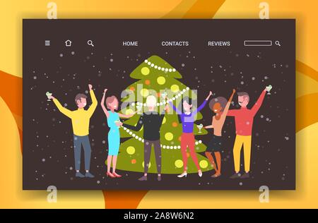 Les gens danser près de l'arbre de Noël joyeux noël bonne année célébration de collaborateurs de l'entreprise concept amusant parti pleine longueur horizontale vector illustration Illustration de Vecteur