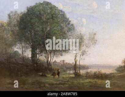 Castel Gandolfo, la danse des bergers du Tyrol par le lac Albano, Jean-Baptiste-Camille Corot, magique peinte, Banque D'Images