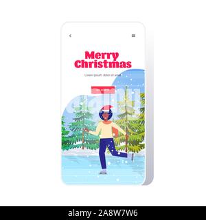 Femme patinage sur lac gelé à la patinoire d'hiver Loisirs Vacances activité au concept african american girl in santa hat Figure Skating de l'écran du smartphone app mobile en ligne vector illustration pleine longueur Illustration de Vecteur