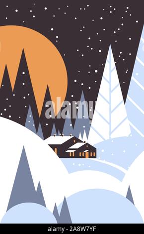 Nuit de Noël paysage de campagne avec maison dans la forêt joyeux noël bonne année les vacances d'hiver, carte de souhaits concept illustration vecteur vertical Illustration de Vecteur