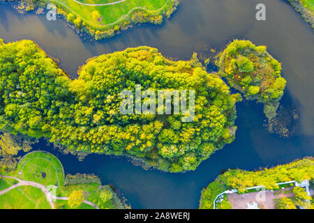Îles de vertes forêts denses dans les lacs et étangs, vue de dessus de l'antenne Banque D'Images