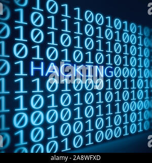 Inscription hacking entre chiffres de code binaire sur écran numérique bleu Banque D'Images