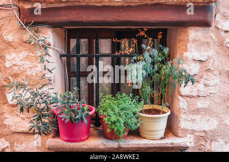 Grille métallique sur la vitre dans une vieille maison en pierre avec un pot de fleur sur le rebord Banque D'Images