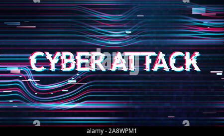 Cyber attaque inscription en style glitch déformée sur fond sombre Banque D'Images