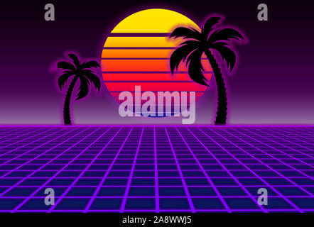 80s style science-fiction, fond violet avec coucher de soleil et palmiers. illustration futuriste ou modèle d'affiche. Synthwave bannière. Banque D'Images