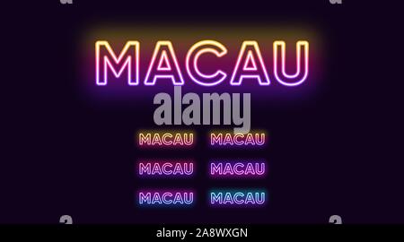 Nom de Macao au néon, ville de Chine. Texte néon de Macao ville. Vector set of glowing Actualité avec rétroéclairage transparent. Dégradé de couleurs lumineuses Illustration de Vecteur