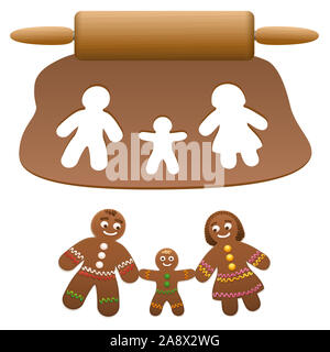 Famille d'épice, père, mère, enfant. Les parents heureux avec leur fils coupé de pâte lebkuchen - illustration sur fond blanc. Banque D'Images