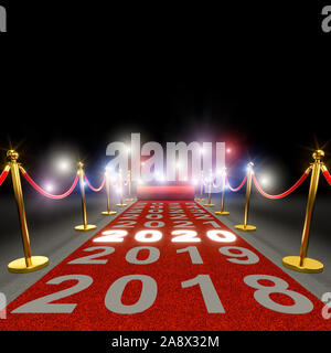Nouvelle année, concept tapis rouge avec des barrières et des cordons rouges, progressive et incandescent 2020 numéros .Paparazzi flash dans l'arrière-plan. 3D render. Banque D'Images
