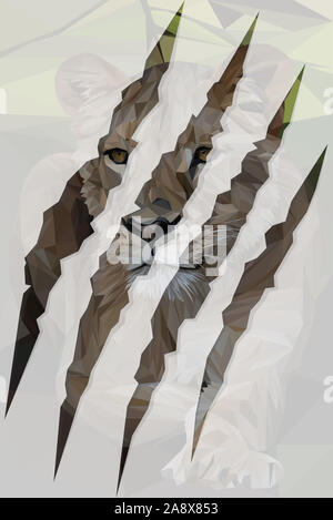 Low poly illustration d'une lionne d'Afrique à l'intérieur de la forme de ses griffes Banque D'Images