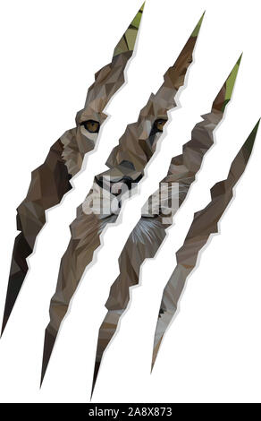 Low poly illustration d'une lionne d'Afrique à l'intérieur de la forme de ses griffes sans arrière-plan Banque D'Images