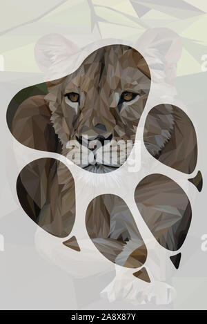 Low poly illustration d'une lionne d'Afrique à l'intérieur de la forme de son empreinte Banque D'Images
