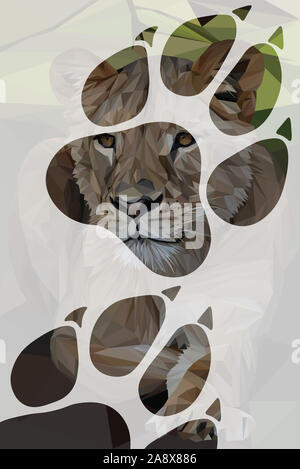 Low poly illustration d'une lionne d'Afrique à l'intérieur de la forme de ses marques paw Banque D'Images