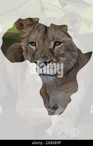 Low poly illustration d'une lionne d'Afrique à l'intérieur de la forme de l'Afrique Banque D'Images