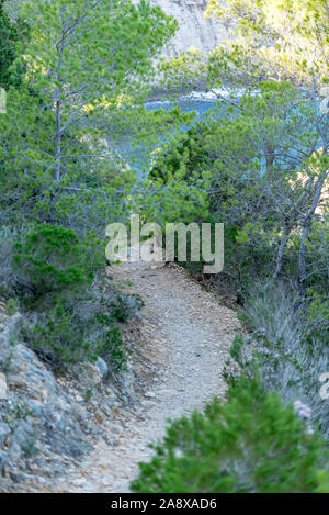 Les eaux turquoise dans es Portitxol, Ibiza, Espagne. Hidden Bay sur l'île d'Ibiza, à Sant Joan de Labritja. Banque D'Images