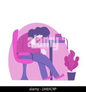 Tired woman getting wink de sommeil. Personne assise à la table et dormir. Caractère épuisés à l'école. Télévision vector illustration. Illustration de Vecteur