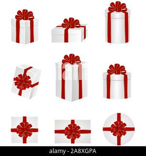 Set cadeau blanc bowes avec arc rouge et ruban Illustration de Vecteur