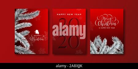 Bonne année 2020 Jeu de cartes de vœux de l'élégant fond noir avec coupe papier Numéro de calendrier et 3d décoration d'arbre de pin. Illustration de Vecteur