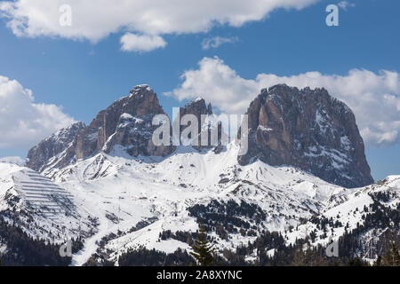 Ski Area del Col Rodella, Val di Fassa, Dolomites, Italie. (Sassolungo Langkofel) randonnée dans l'arrière-plan Banque D'Images