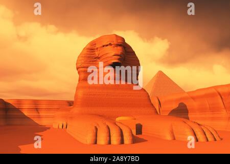 Le Sphinx statue sur le plateau de Gizeh en Égypte est une célèbre sculpture avec son corps de lion et une tête de pharaon. Banque D'Images