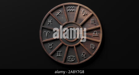 L'astrologie et les horoscopes concept. Signes du zodiaque astrologique roue en bois sur fond noir. 3d illustration Banque D'Images