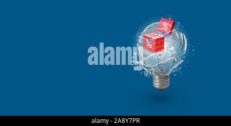 Rouge panier plein de sacs en papier avec signe pourcentage brise une ampoule de l'intérieur contre fond bleu. Le rendu 3D. Banque D'Images