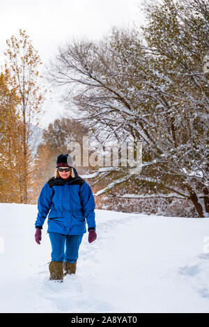 Femme de la randonnée dans la neige fraîche le long de la rivière Arkansas, Colorado, USA ; Salida Banque D'Images