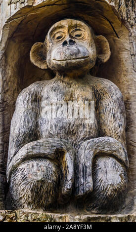 Belle sculpture singe en bois sculpté, bois d'art, zoo et jardin Banque D'Images