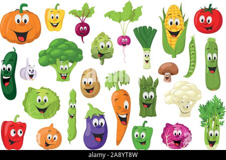 Caractères légumes Collection : Ensemble de 26 légumes différents en style cartoon Vector illustration Illustration de Vecteur