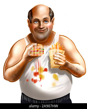 Fat Man eating hamburger et frites. Illustration numérique Banque D'Images
