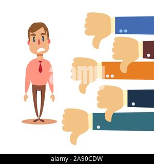 Homme triste et beaucoup de mains avec les pouces vers le bas. Illustration de Vecteur