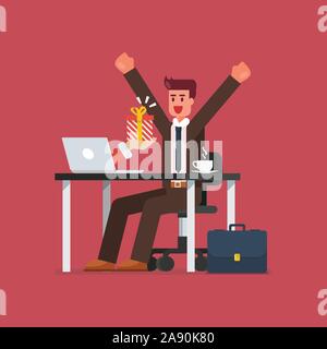 Happy businessman getting gift box à partir de son ordinateur portable. Vector illustration Illustration de Vecteur