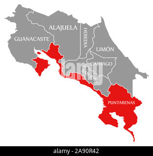 Mis en rouge Puntarenas carte du Costa Rica Banque D'Images