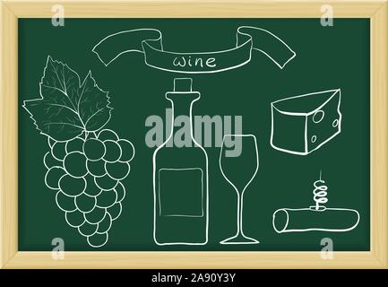 Une bouteille de vin, des raisins, un verre de vin, fromage, et un tire-bouchon. Set de vin. Croquis sur le tableau noir Illustration de Vecteur